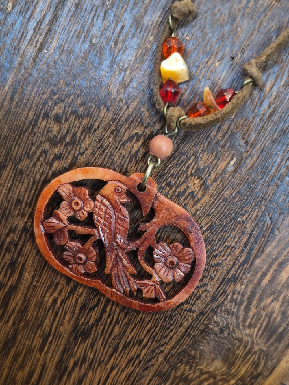 Vintage Carved Wooden Songbird Floral Pendant Beaded Detail Suede Cord Necklace